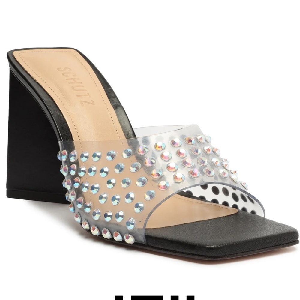 NWOT SCHUTZ Black and Iridescent Crystal Vinyl Slide In Heels